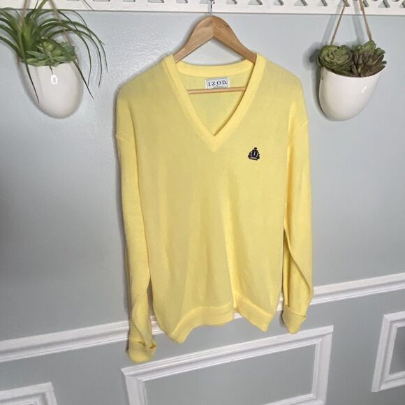 Vintage Preppy IZOD Unisex V-NECK SWEATER YELLOW XL 100% ACRYLIC - Picture 1 of 6